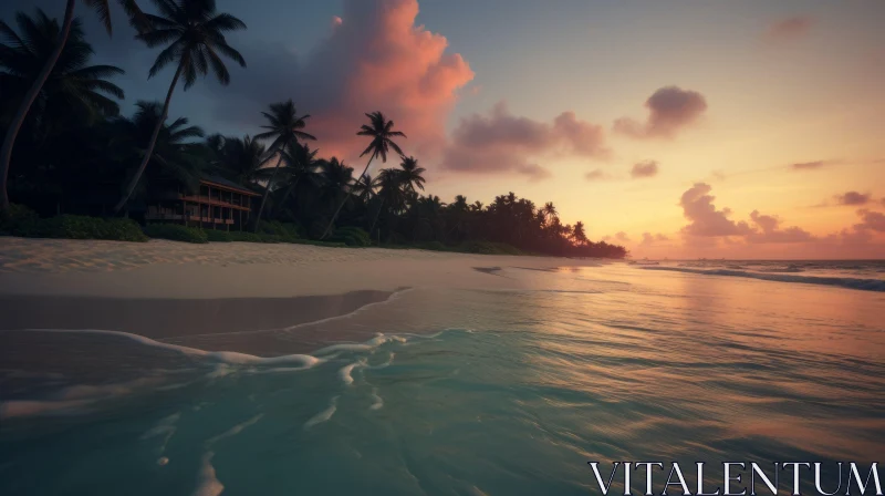 Serene Sunset on Tropical Beach with Palm Trees and Water AI Image