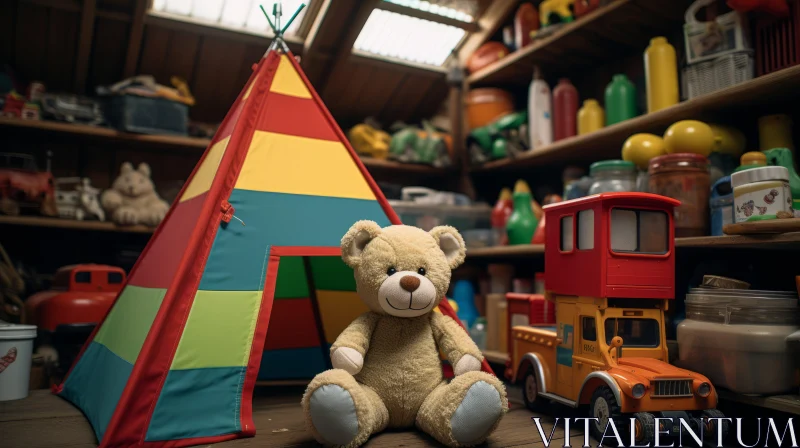 Toy Teddy Bear in Tent - A Nostalgic Playroom Scene AI Image