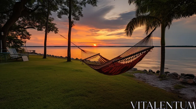 Tranquil Sunrise over Lake and Sea: A Captivating Hammock in Nature AI Image