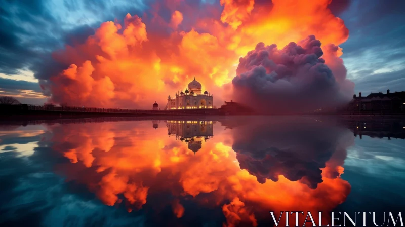 Vibrant Orange Clouds Enveloping a Majestic Cathedral - Oriental Art Inspired AI Image