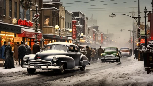 Vintage Car Snowy Street Scene | Nostalgic Photorealistic Cityscape