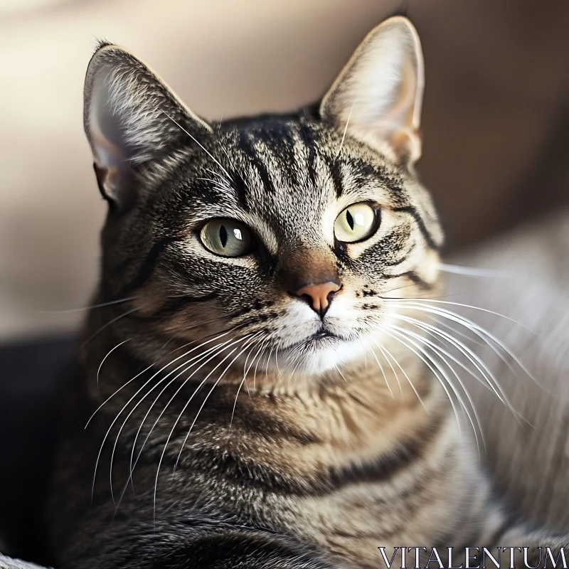 Tabby Cat with Green Eyes and Prominent Whiskers AI Image