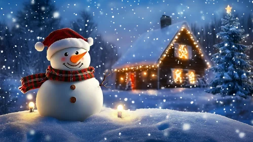 Winter Holiday Scene with Snowman and Cozy Cabin