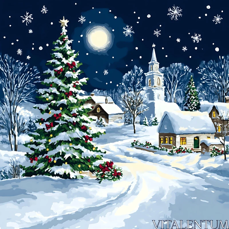 Tranquil Snowy Village Christmas Scene AI Image