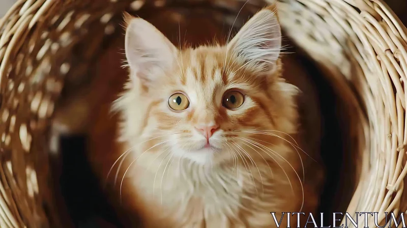 Cute Orange Kitten with Fluffy Fur in Basket AI Image