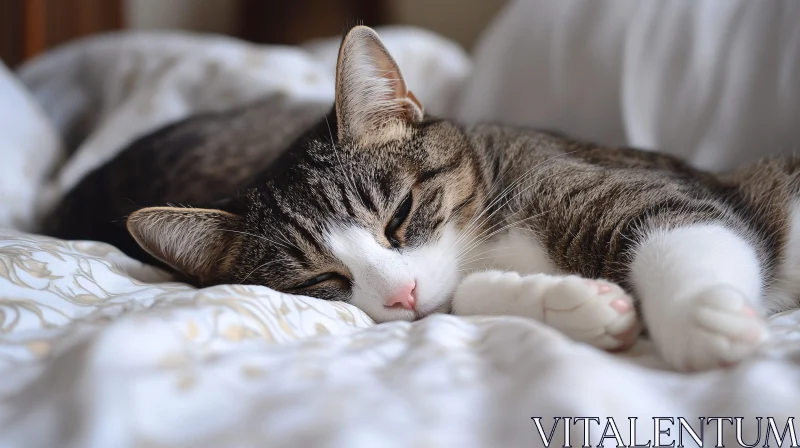 Cozy Tabby Cat Resting on Bed AI Image