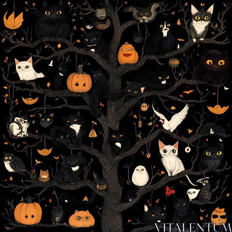 Eerie Black Cats and Pumpkins on a Dark Tree AI Image