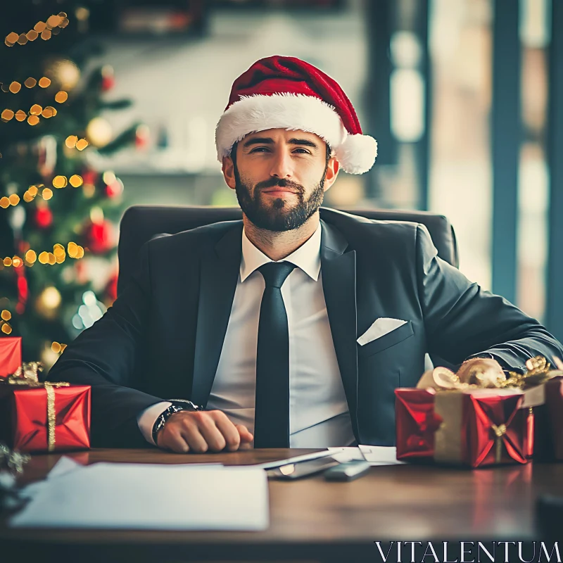 Confident Businessman Celebrating Christmas at the Office AI Image