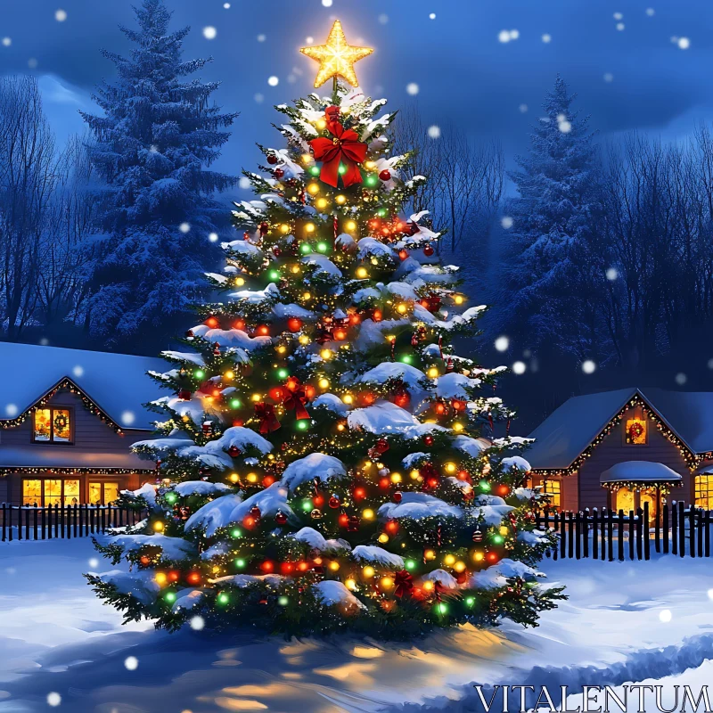 Festive Christmas Tree with Lights in Winter AI Image