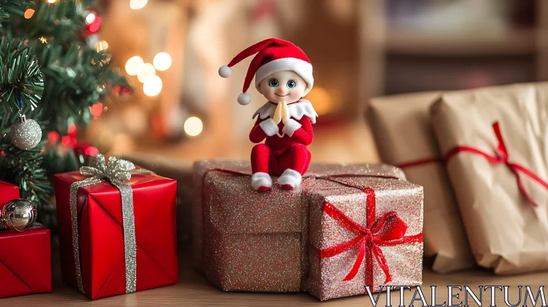 Festive Christmas Elf with Gift Boxes AI Image