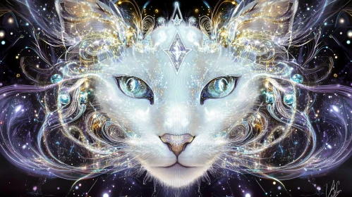 Fantasy Cosmic Cat with Glowing Blue Eyes