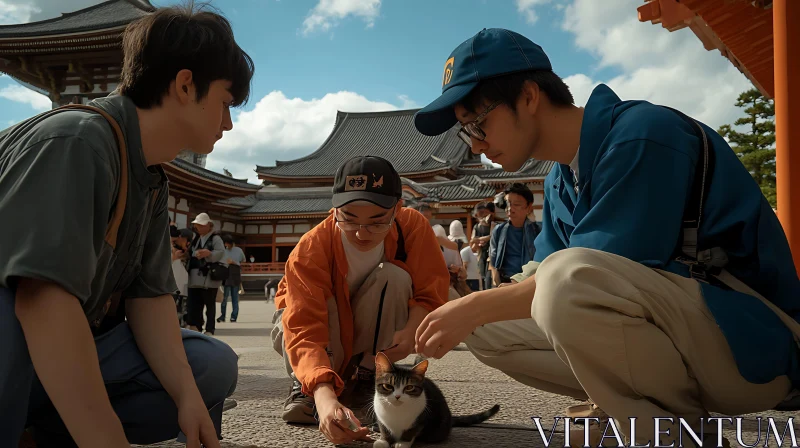 Three Friends with Cat at Japanese Temple AI Image