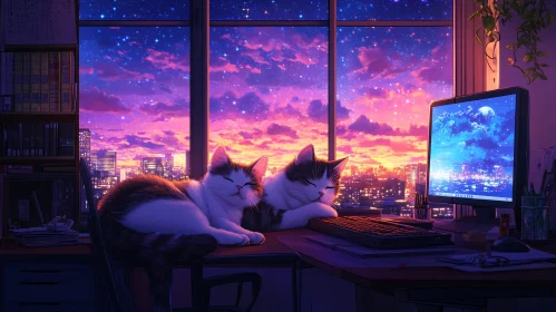 Office Cats at Sunset