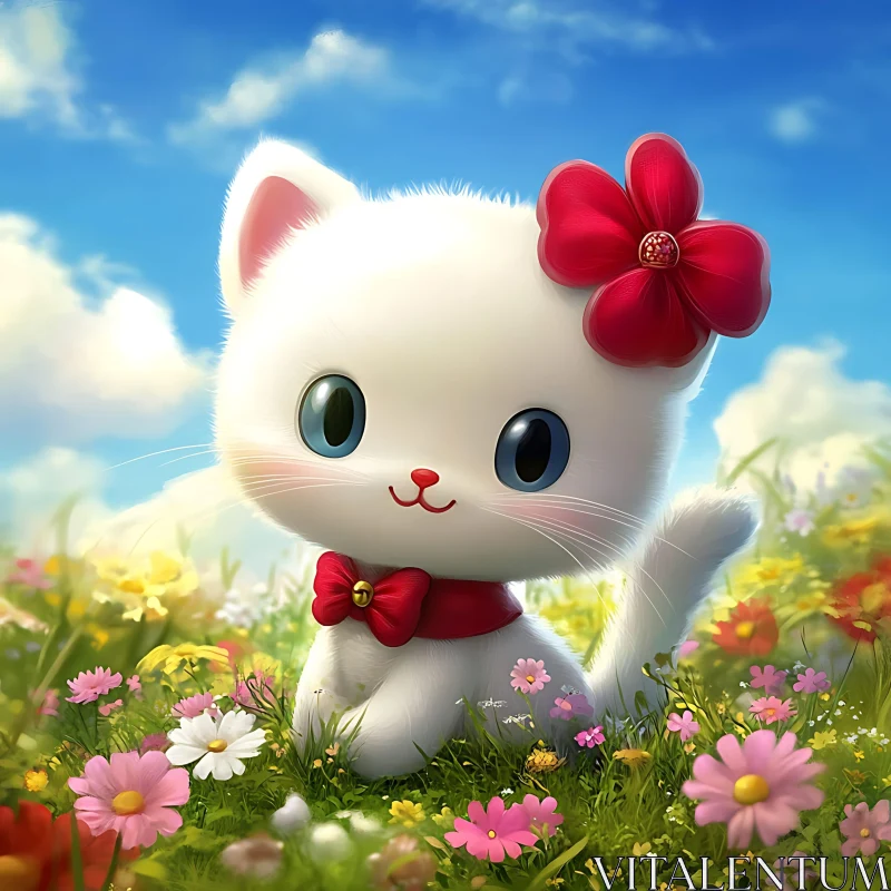 Cute Kitten with Red Bow in a Spring Meadow AI Image