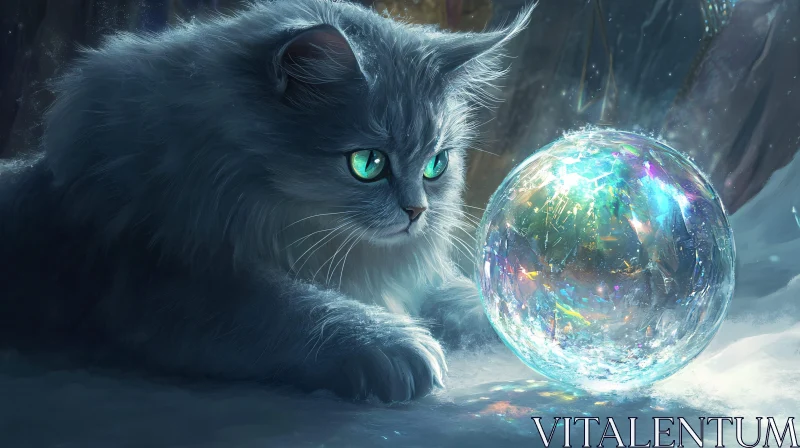 Enigmatic Cat with Radiant Crystal Sphere AI Image