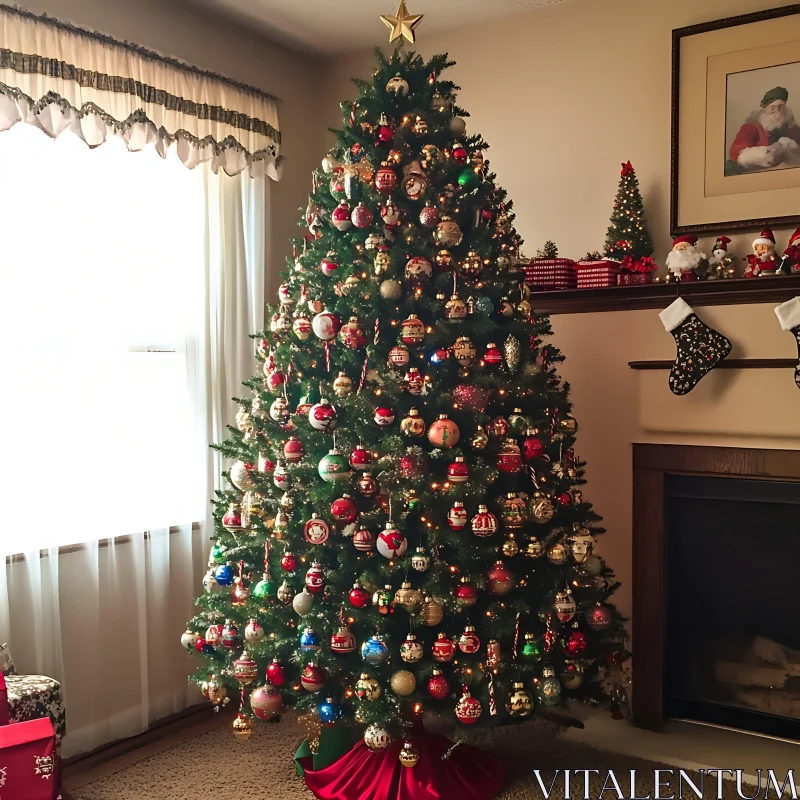 Festive Christmas Tree with Ornaments and Stockings by Fireplace AI Image