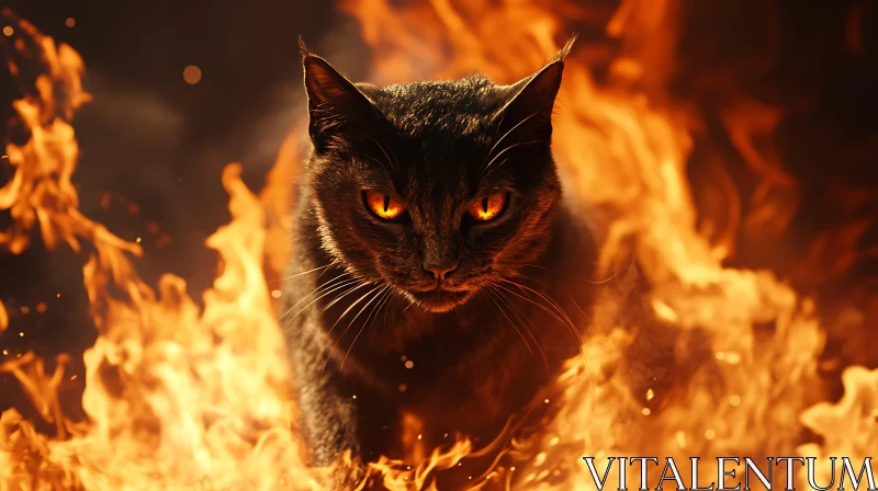 Mystical Black Cat Amidst Flames AI Image