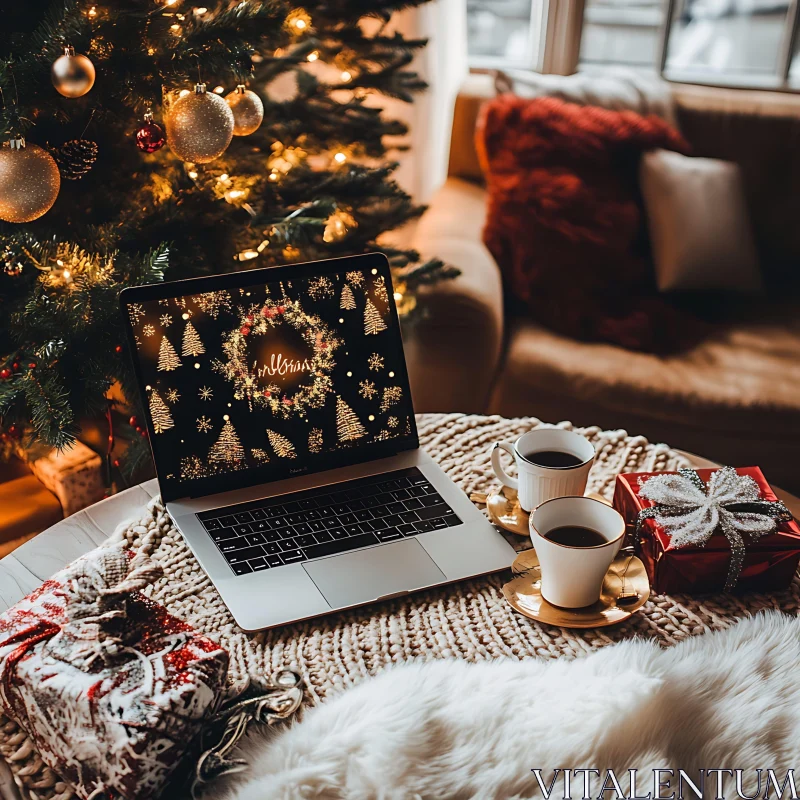 Festive Christmas Decor with Laptop and Drinks AI Image