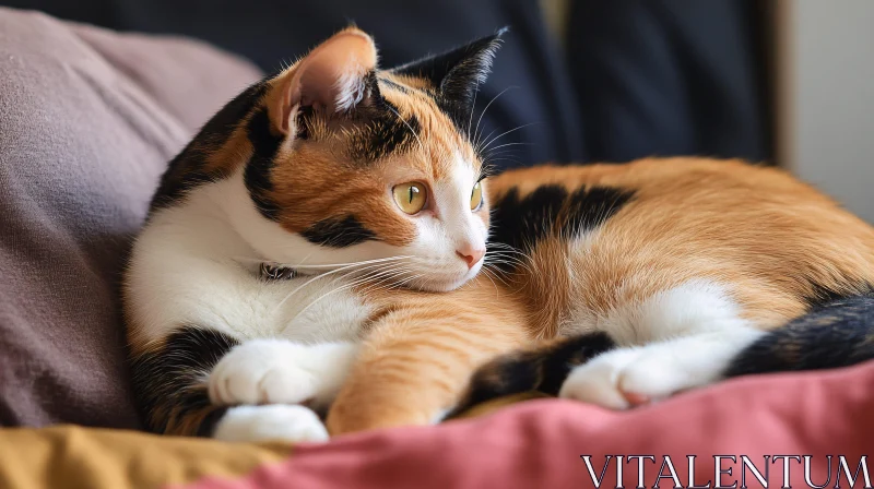 Graceful Calico Cat with Striking Fur Lying Down AI Image