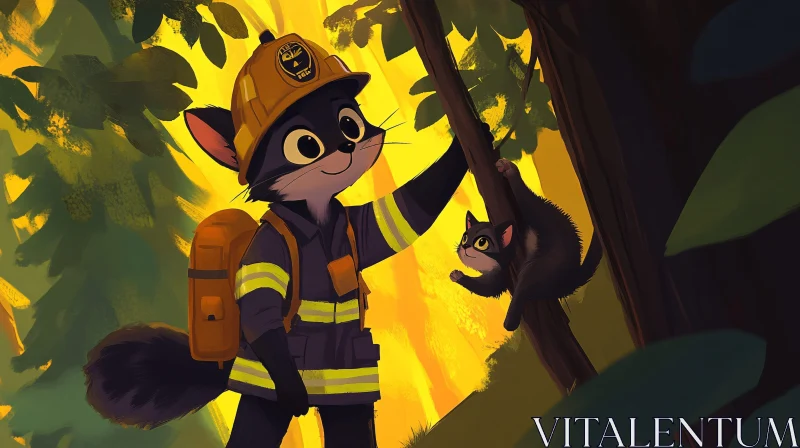 Heroic Firefighter Raccoon Saves Cat from Tree AI Image