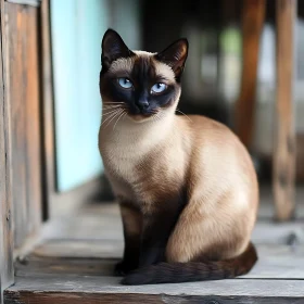 Elegant Siamese Cat on Wooden Porch