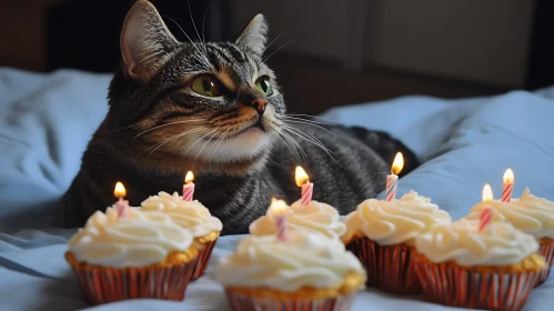 Birthday Celebration with Cat and Cupcakes