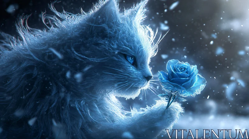 Fantasy Cat with Icy Blue Fur and Rose AI Image