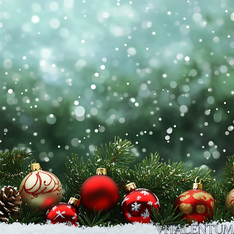 Christmas Ornaments and Snowy Pine Branches AI Image