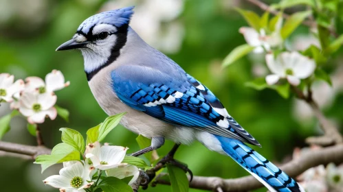 Blue Jay Perched on Branch with White Flowers