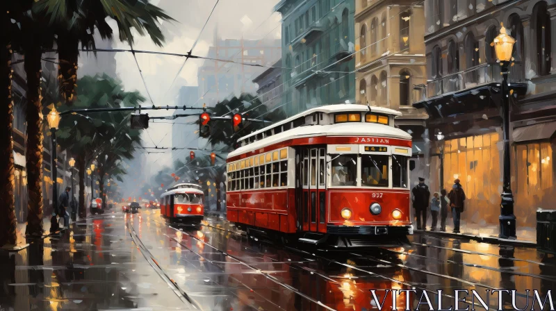 Captivating City Scene with Red and White Trolleys AI Image