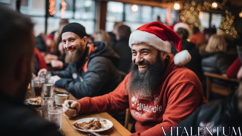 Captivating Image of Men in Santa Hats Enjoying Food at a Restaurant AI Image