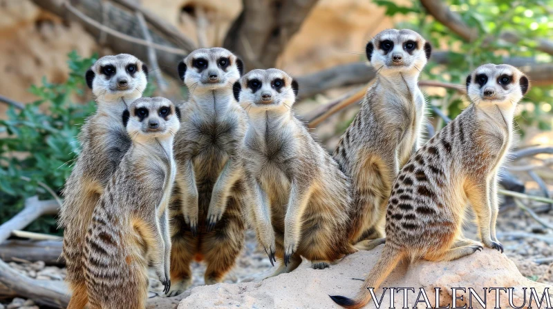 Captivating Meerkats: A Group Portrait on a Rock AI Image