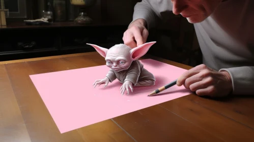 Detailed 3D Yoda Character Drawing on Pink Paper