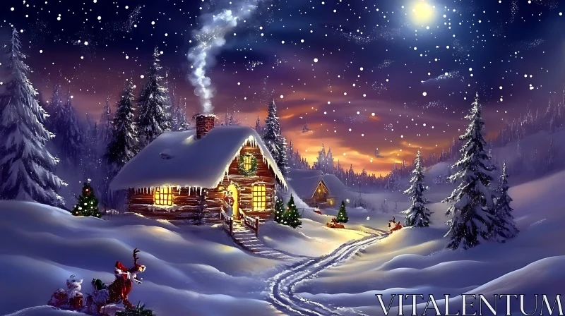 AI ART Enchanting Christmas Cabin with Santa and Reindeer