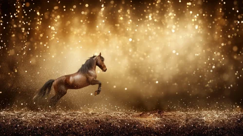 Majestic Horse Running on Golden Background with Glitter
