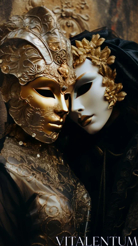 Mysterious Beauty in Gold and Black Venetian Masks AI Image