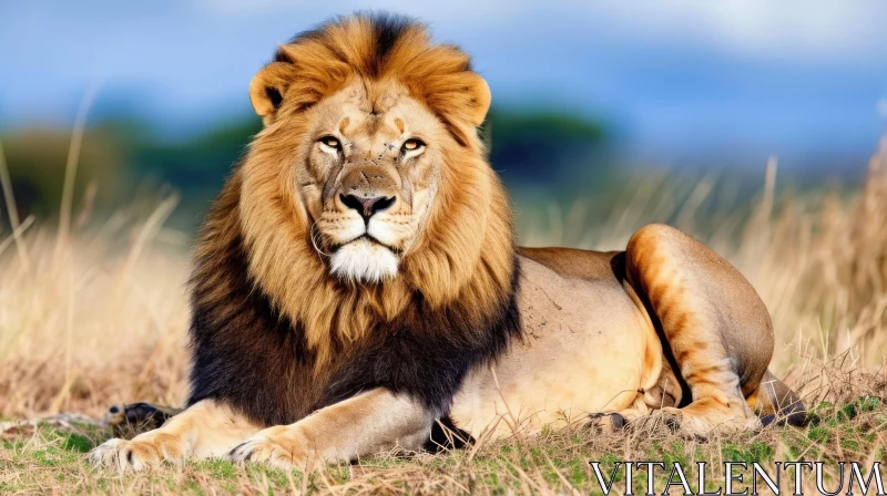 Powerful Lion Resting in a Grassy Field | Majestic Wildlife Photography AI Image