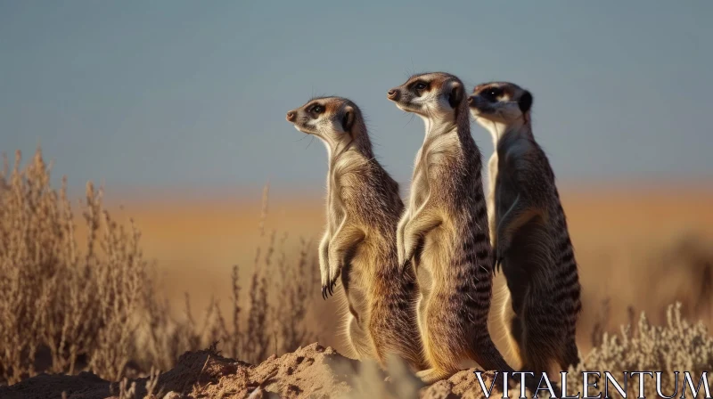 Three Meerkats Standing on a Sand Dune in the Desert AI Image