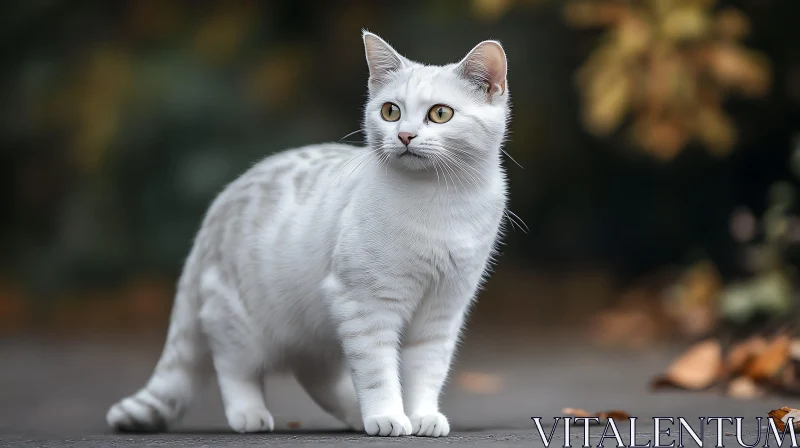 Alert White Cat in Autumn Setting AI Image