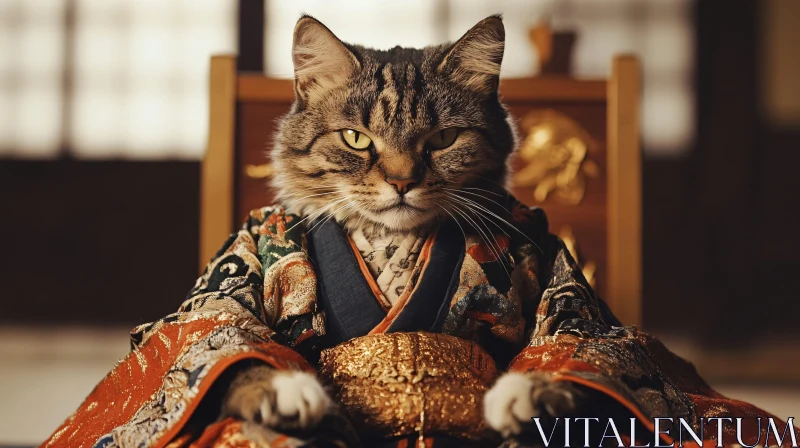 Regal Feline Dressed in Ornate Kimono AI Image