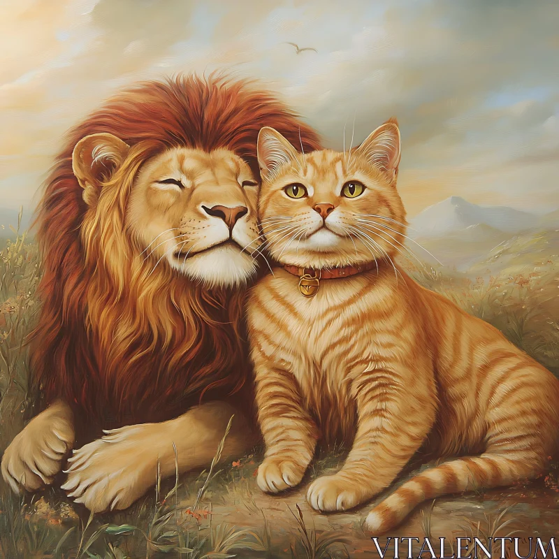 Lion and Ginger Cat Embracing Nature AI Image