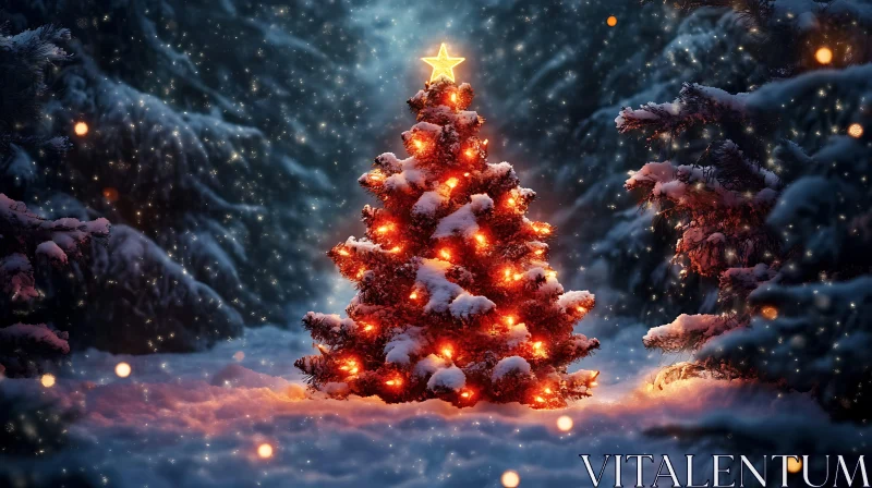 Magical Winter Christmas Tree with Snow and Lights AI Image