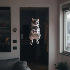 Playful Cat Mid-Jump in Modern Room