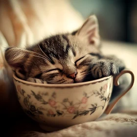 Cute Kitten Napping Comfortably in a Vintage Teacup