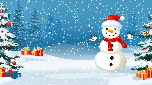 Cheerful Snowman in a Snowy Christmas Landscape