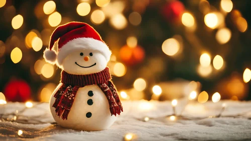 Festive Snowman with Santa Hat and Bokeh Lights