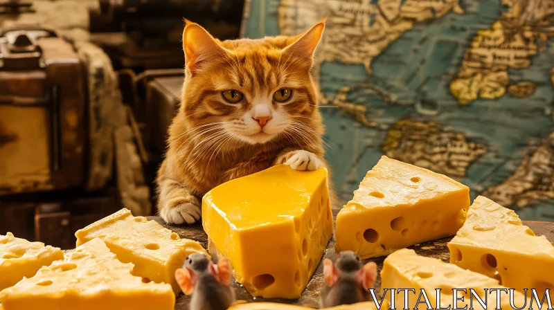 Cat and Cheese with Mice on Vintage Map Background AI Image