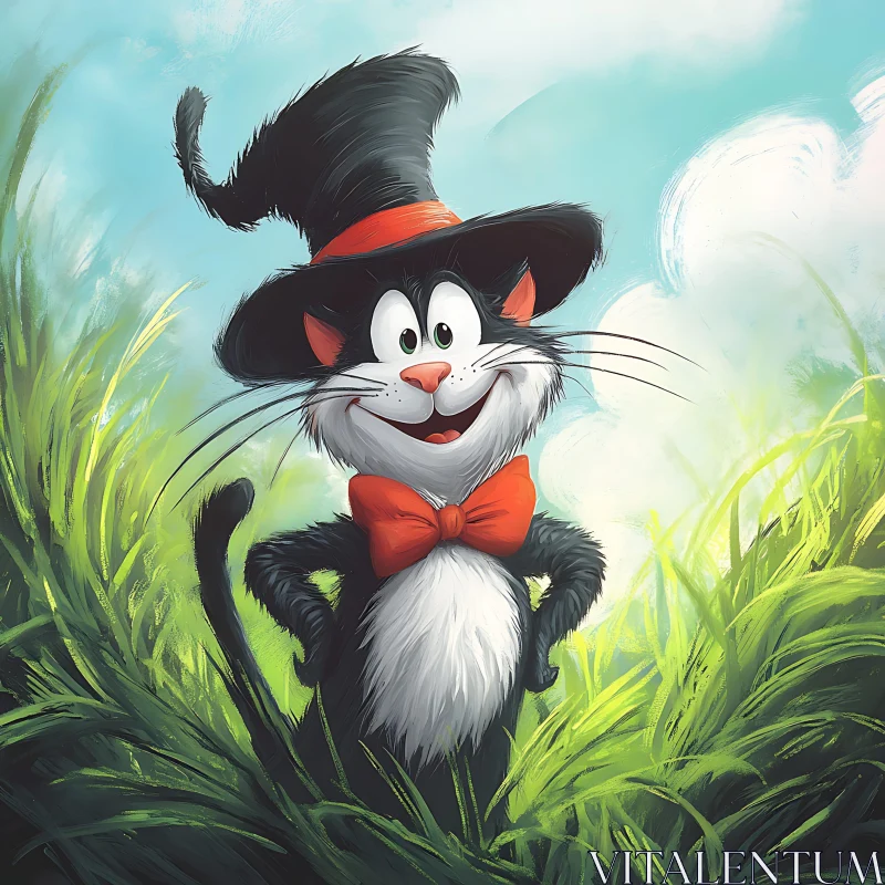 Happy Cartoon Cat in Tall Grass with Bow Tie and Hat AI Image