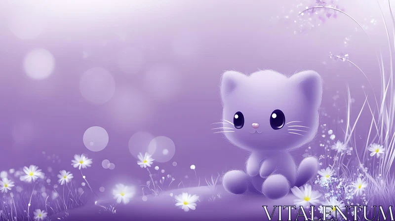 Charming Purple Kitten Sitting Amongst Flowers AI Image