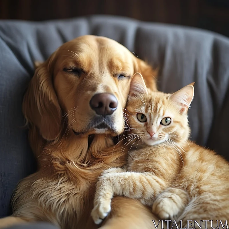 Snuggly Companions: Dog and Cat Relaxing Together AI Image